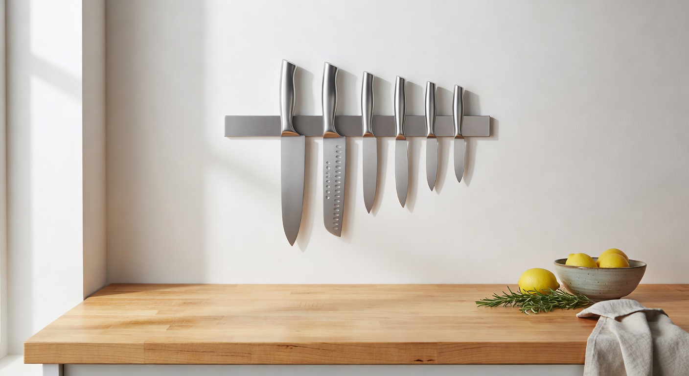 Professional knife set on magnetic strip
