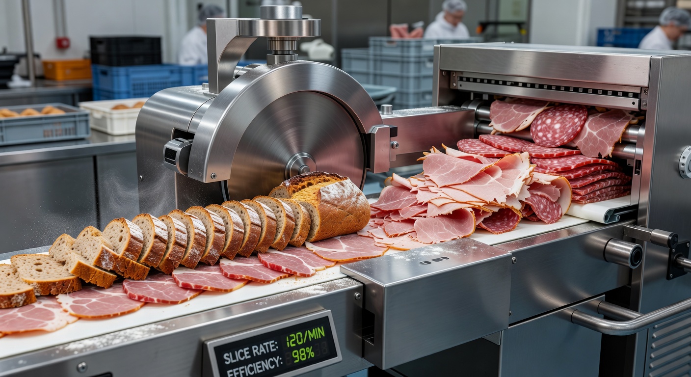 Slicing machine in operation